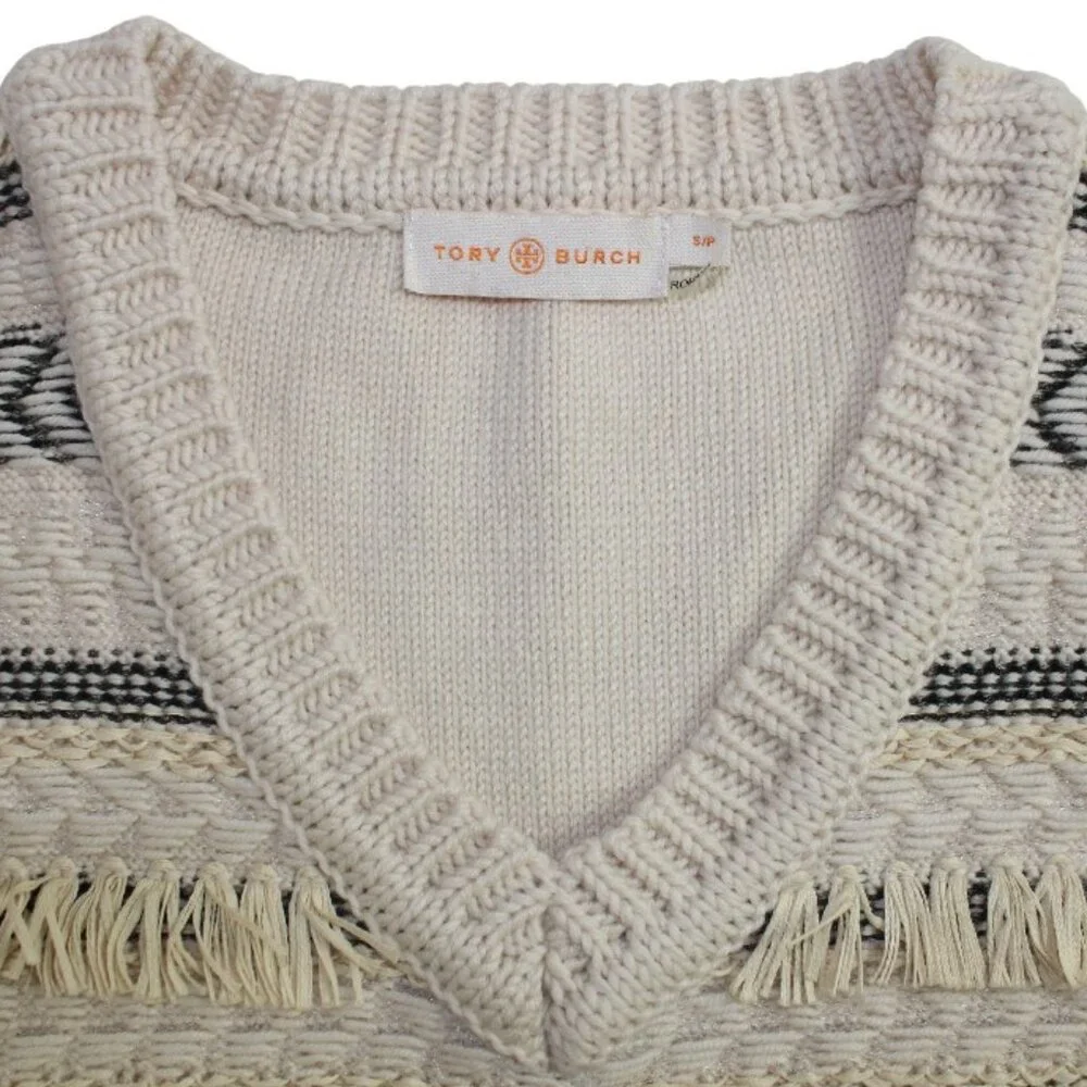 Tory Burch Cream Tiered Fringe Striped Jacquard V-Neck Cable Knit Sweater Vest - Picture 6 of 6